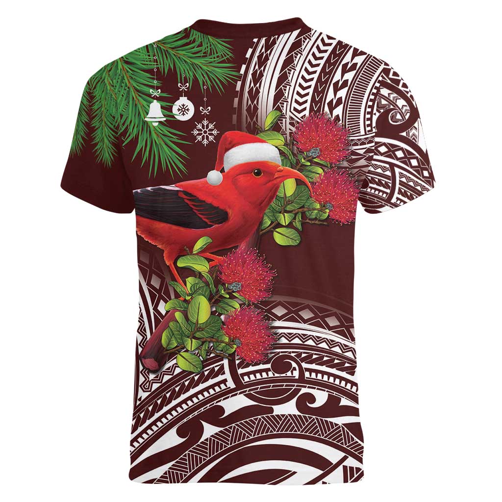 Christmas Hawaii with I'iwi Bird Women V-Neck T-Shirt Aloha Mele Kalikimaka - Oxblood Art LT9 - Polynesian Pride