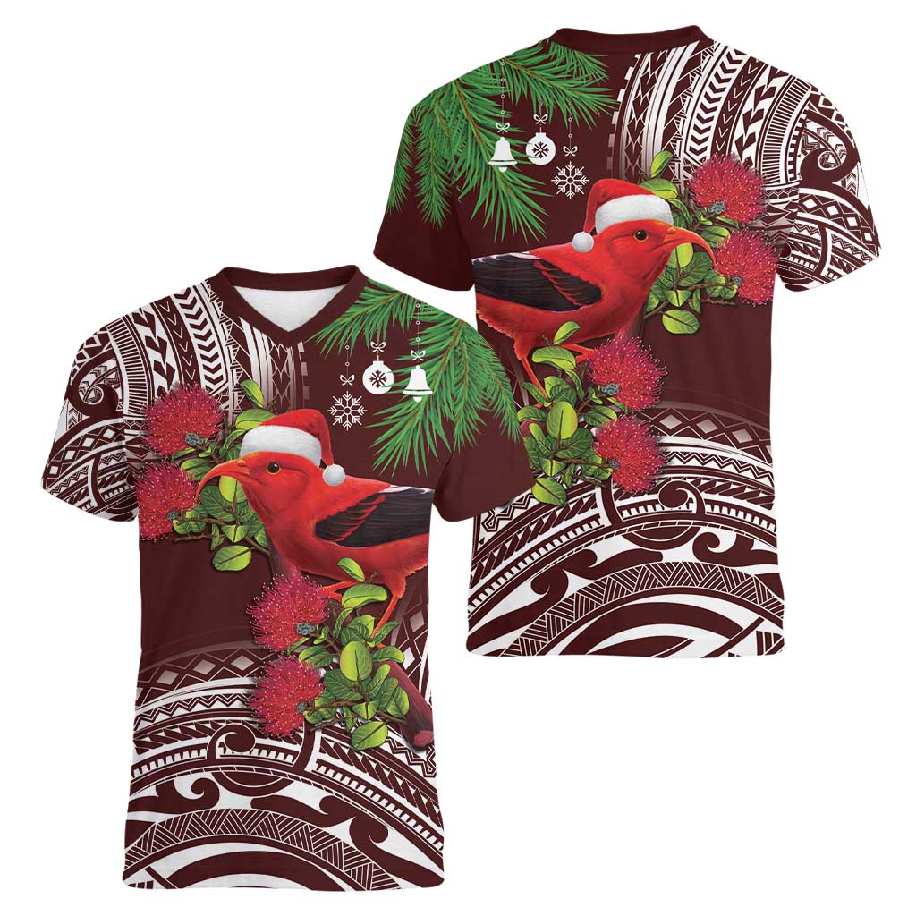 Christmas Hawaii with I'iwi Bird Women V-Neck T-Shirt Aloha Mele Kalikimaka - Oxblood Art LT9 - Polynesian Pride