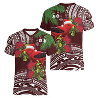 Christmas Hawaii with I'iwi Bird Women V-Neck T-Shirt Aloha Mele Kalikimaka - Oxblood Art LT9 - Polynesian Pride