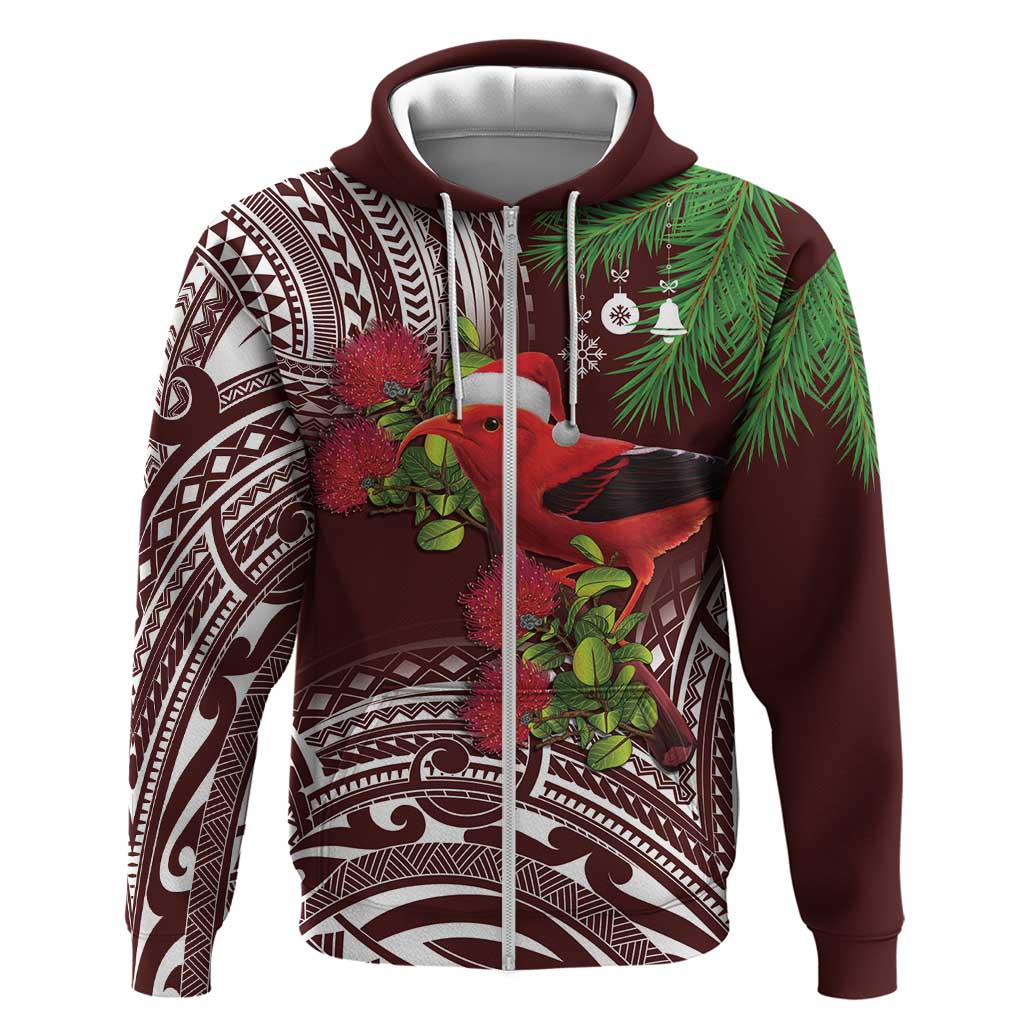 Christmas Hawaii with I'iwi Bird Zip Hoodie Aloha Mele Kalikimaka - Oxblood Art LT9 Zip Hoodie Oxblood - Polynesian Pride