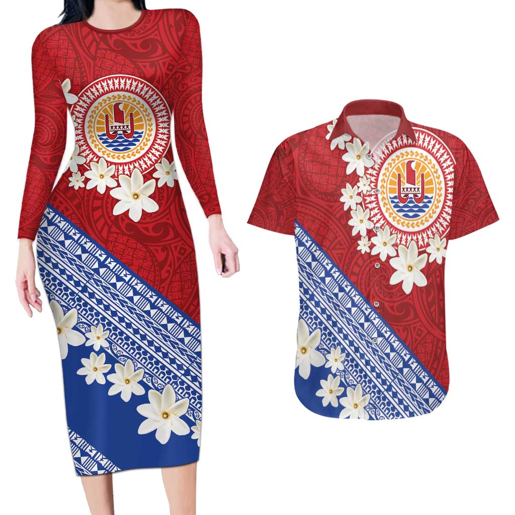 French Polynesia Couples Matching Long Sleeve Bodycon Dress and Hawaiian Shirt Tahitian Tiare Flowers Tribal LT9 Red - Polynesian Pride