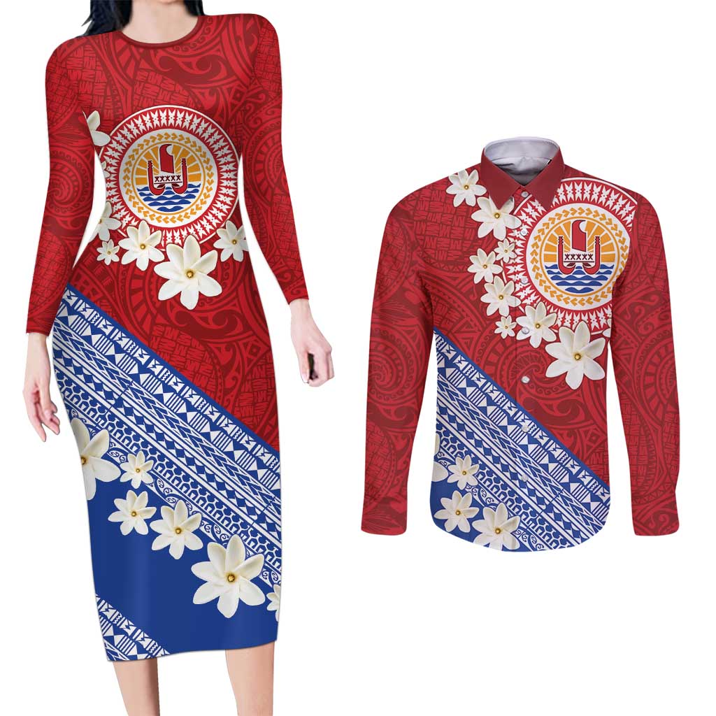 French Polynesia Couples Matching Long Sleeve Bodycon Dress and Long Sleeve Button Shirt Tahitian Tiare Flowers Tribal LT9 Red - Polynesian Pride