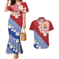 French Polynesia Couples Matching Mermaid Dress and Hawaiian Shirt Tahitian Tiare Flowers Tribal LT9 Red - Polynesian Pride