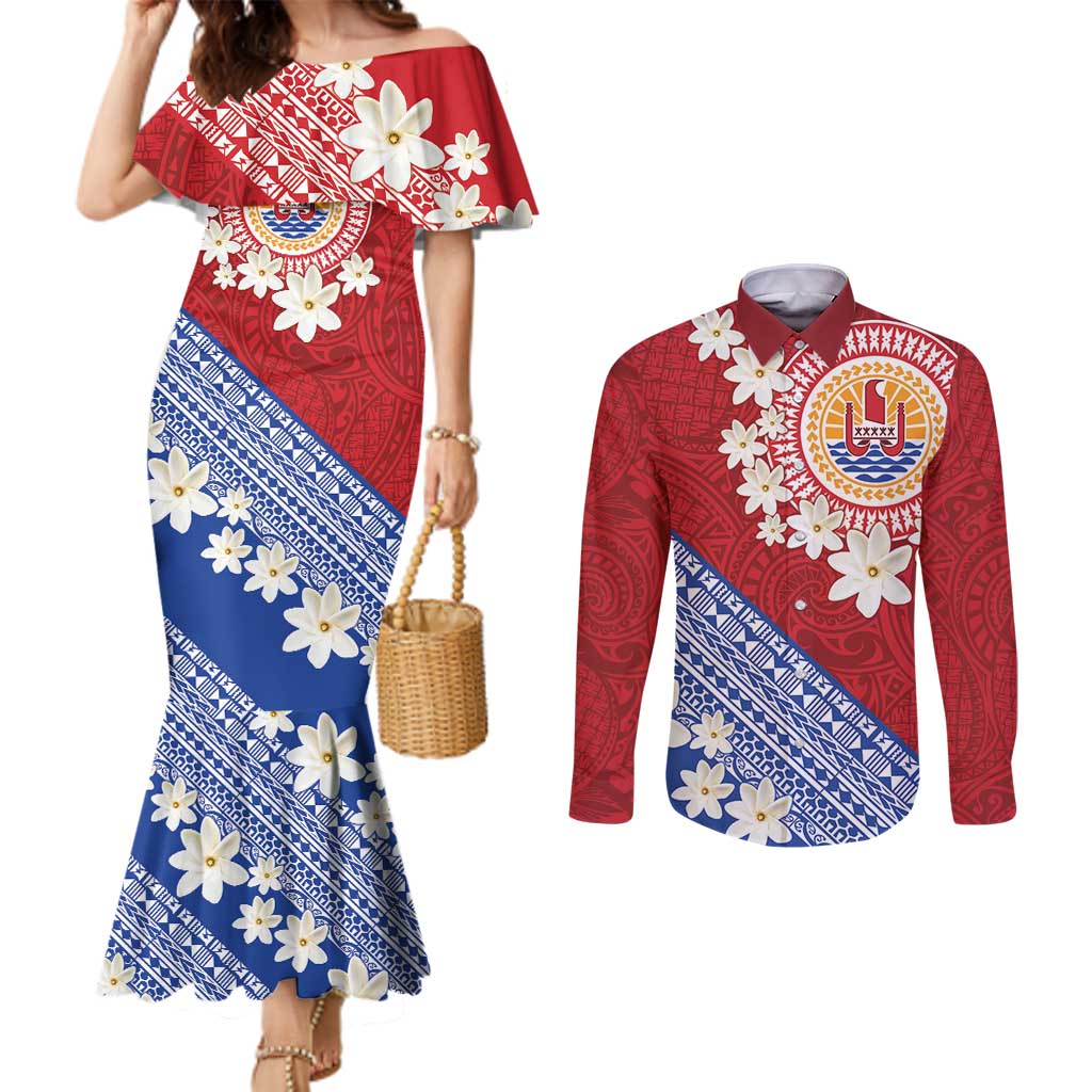French Polynesia Couples Matching Mermaid Dress and Long Sleeve Button Shirt Tahitian Tiare Flowers Tribal LT9 Red - Polynesian Pride