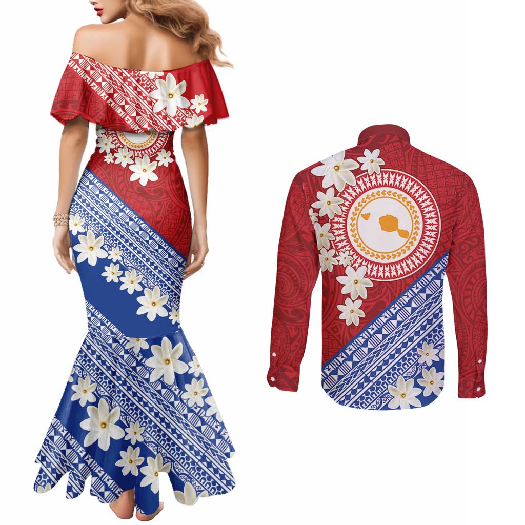 French Polynesia Couples Matching Mermaid Dress and Long Sleeve Button Shirt Tahitian Tiare Flowers Tribal LT9 - Polynesian Pride