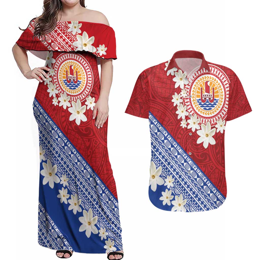 French Polynesia Couples Matching Off Shoulder Maxi Dress and Hawaiian Shirt Tahitian Tiare Flowers Tribal LT9 Red - Polynesian Pride