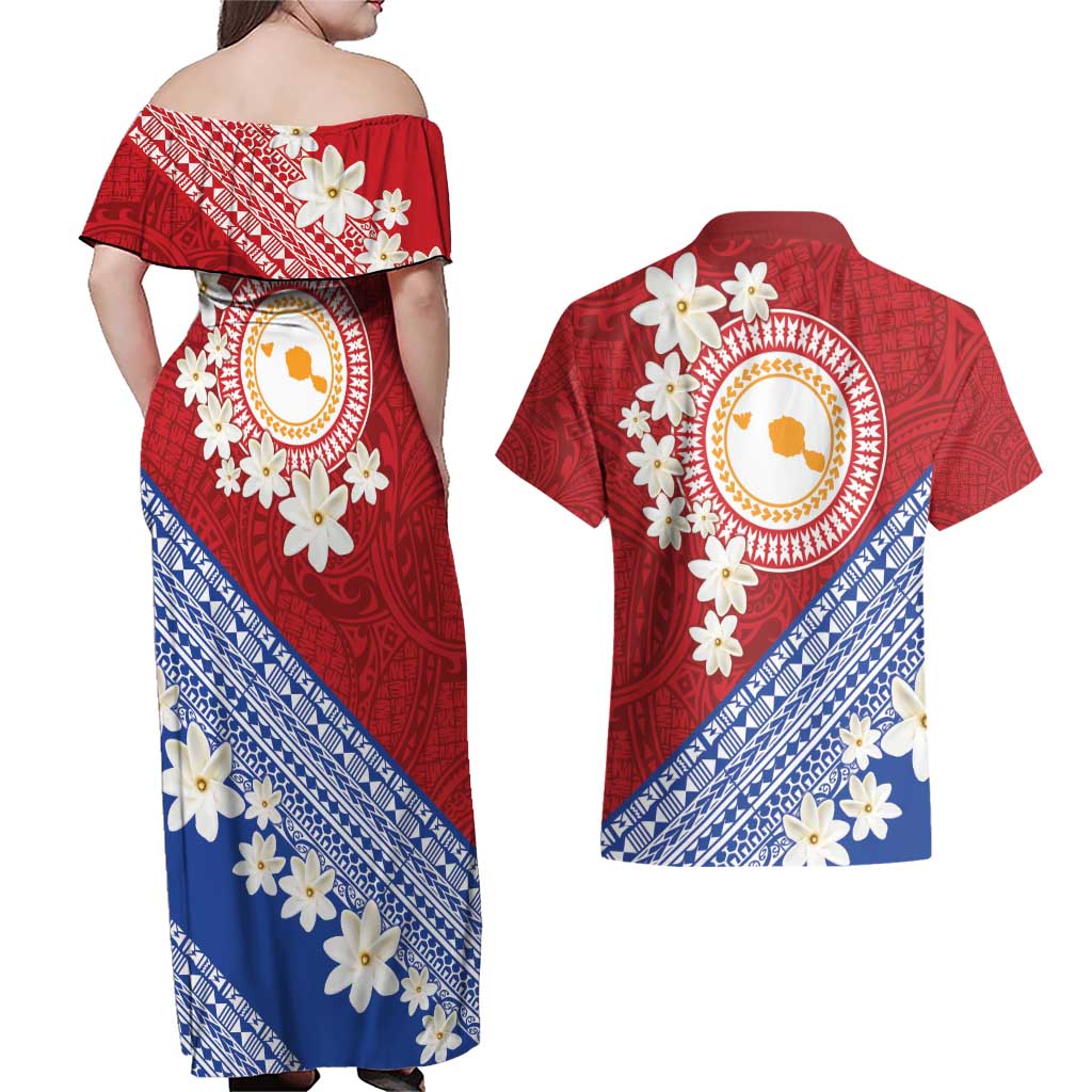 French Polynesia Couples Matching Off Shoulder Maxi Dress and Hawaiian Shirt Tahitian Tiare Flowers Tribal LT9 - Polynesian Pride