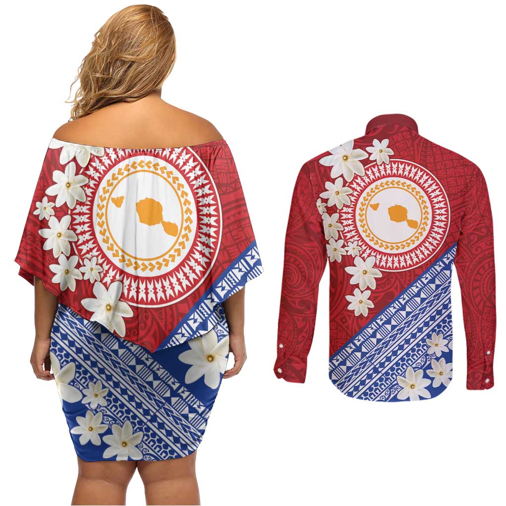 French Polynesia Couples Matching Off Shoulder Short Dress and Long Sleeve Button Shirt Tahitian Tiare Flowers Tribal LT9 - Polynesian Pride