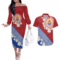 French Polynesia Couples Matching Off The Shoulder Long Sleeve Dress and Hawaiian Shirt Tahitian Tiare Flowers Tribal LT9 Red - Polynesian Pride