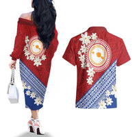 French Polynesia Couples Matching Off The Shoulder Long Sleeve Dress and Hawaiian Shirt Tahitian Tiare Flowers Tribal LT9 - Polynesian Pride