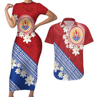 French Polynesia Couples Matching Short Sleeve Bodycon Dress and Hawaiian Shirt Tahitian Tiare Flowers Tribal LT9 Red - Polynesian Pride