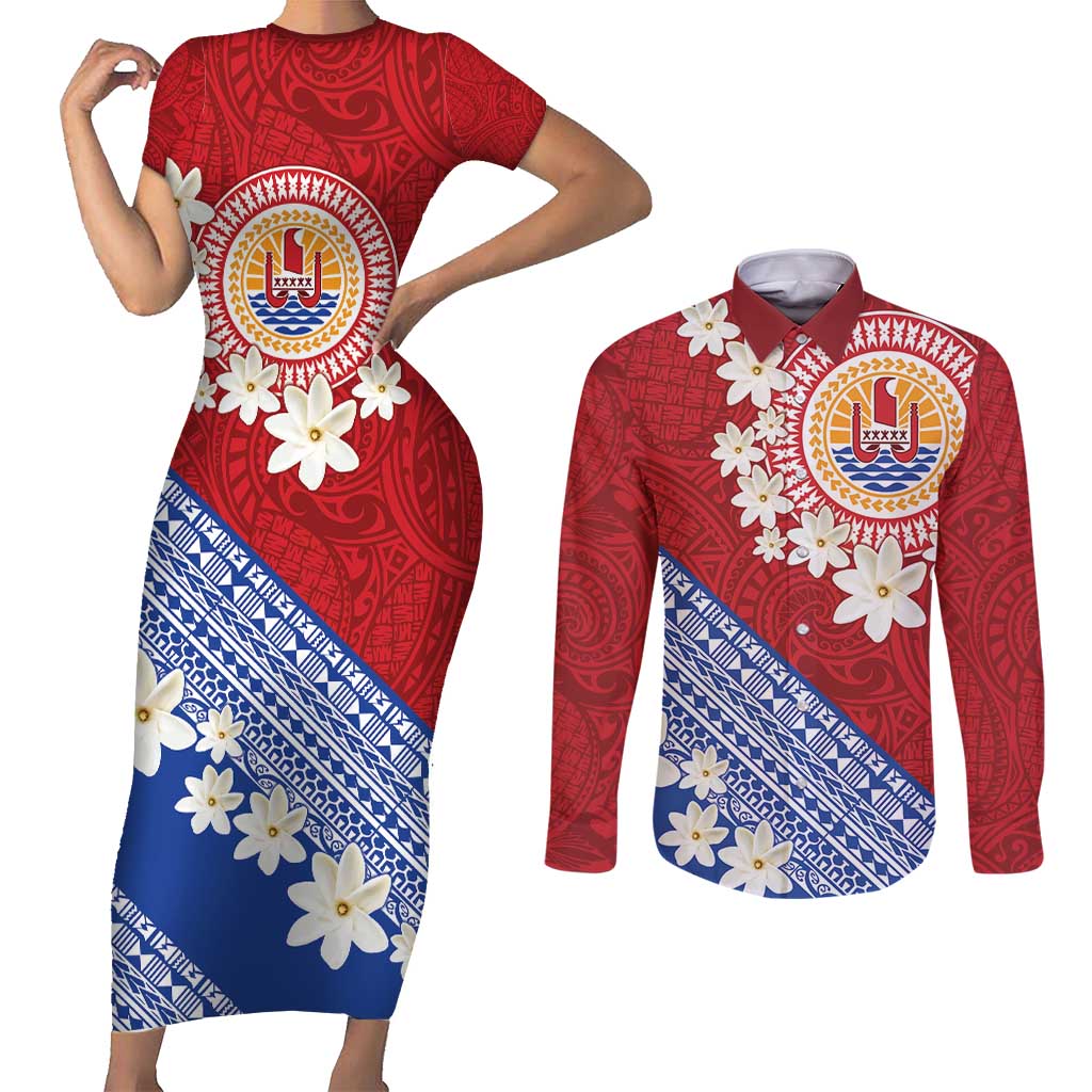 French Polynesia Couples Matching Short Sleeve Bodycon Dress and Long Sleeve Button Shirt Tahitian Tiare Flowers Tribal LT9 Red - Polynesian Pride