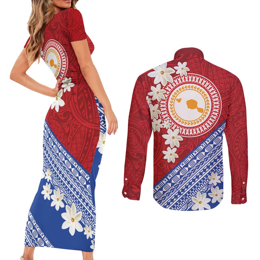 French Polynesia Couples Matching Short Sleeve Bodycon Dress and Long Sleeve Button Shirt Tahitian Tiare Flowers Tribal LT9 - Polynesian Pride