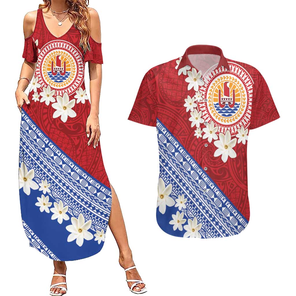 French Polynesia Couples Matching Summer Maxi Dress and Hawaiian Shirt Tahitian Tiare Flowers Tribal LT9 Red - Polynesian Pride
