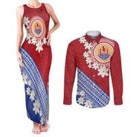 French Polynesia Couples Matching Tank Maxi Dress and Long Sleeve Button Shirt Tahitian Tiare Flowers Tribal LT9 Red - Polynesian Pride