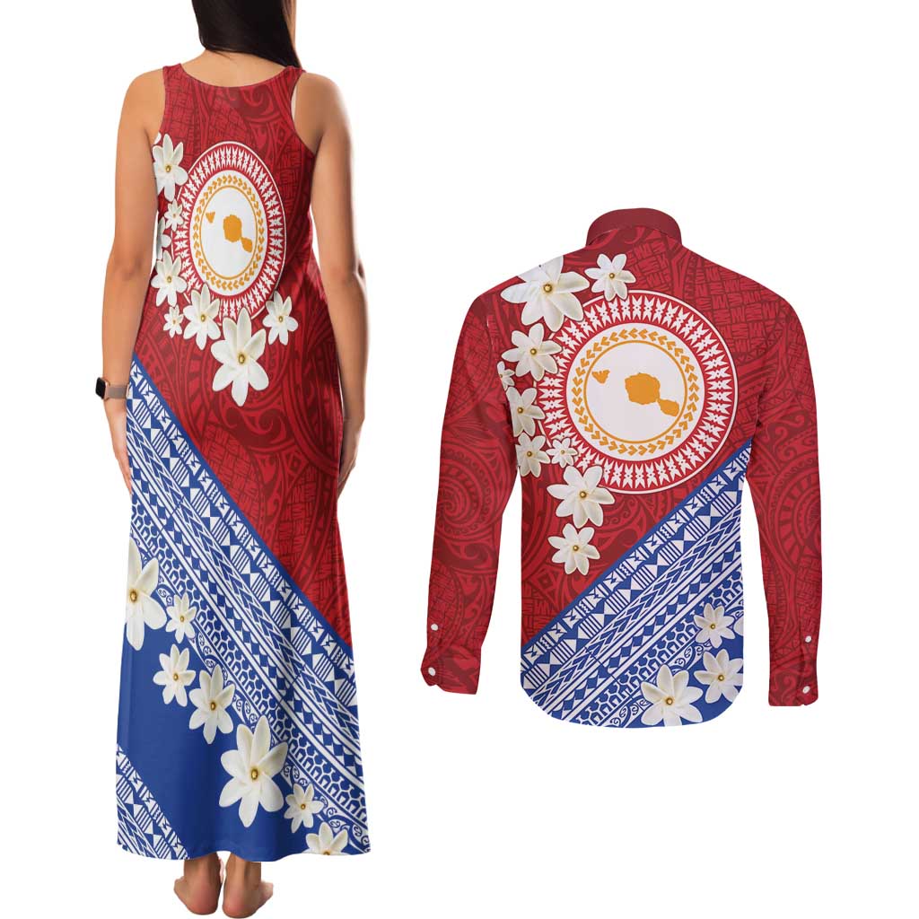 French Polynesia Couples Matching Tank Maxi Dress and Long Sleeve Button Shirt Tahitian Tiare Flowers Tribal LT9 - Polynesian Pride