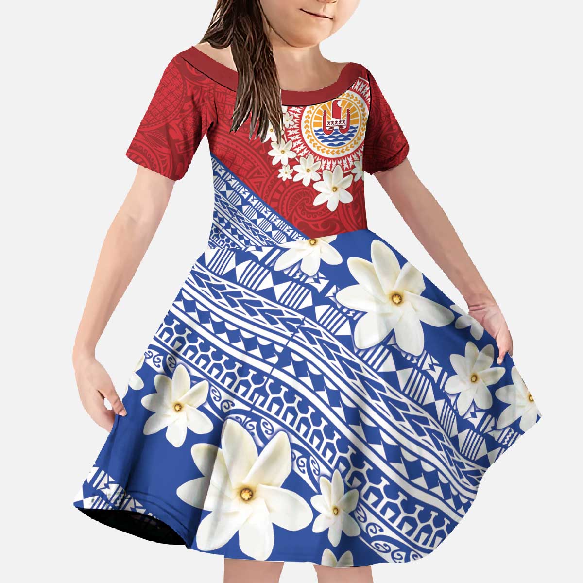 French Polynesia Family Matching Off The Shoulder Long Sleeve Dress and Hawaiian Shirt Tahitian Tiare Flowers Tribal LT9 Daughter's Dress Red - Polynesian Pride