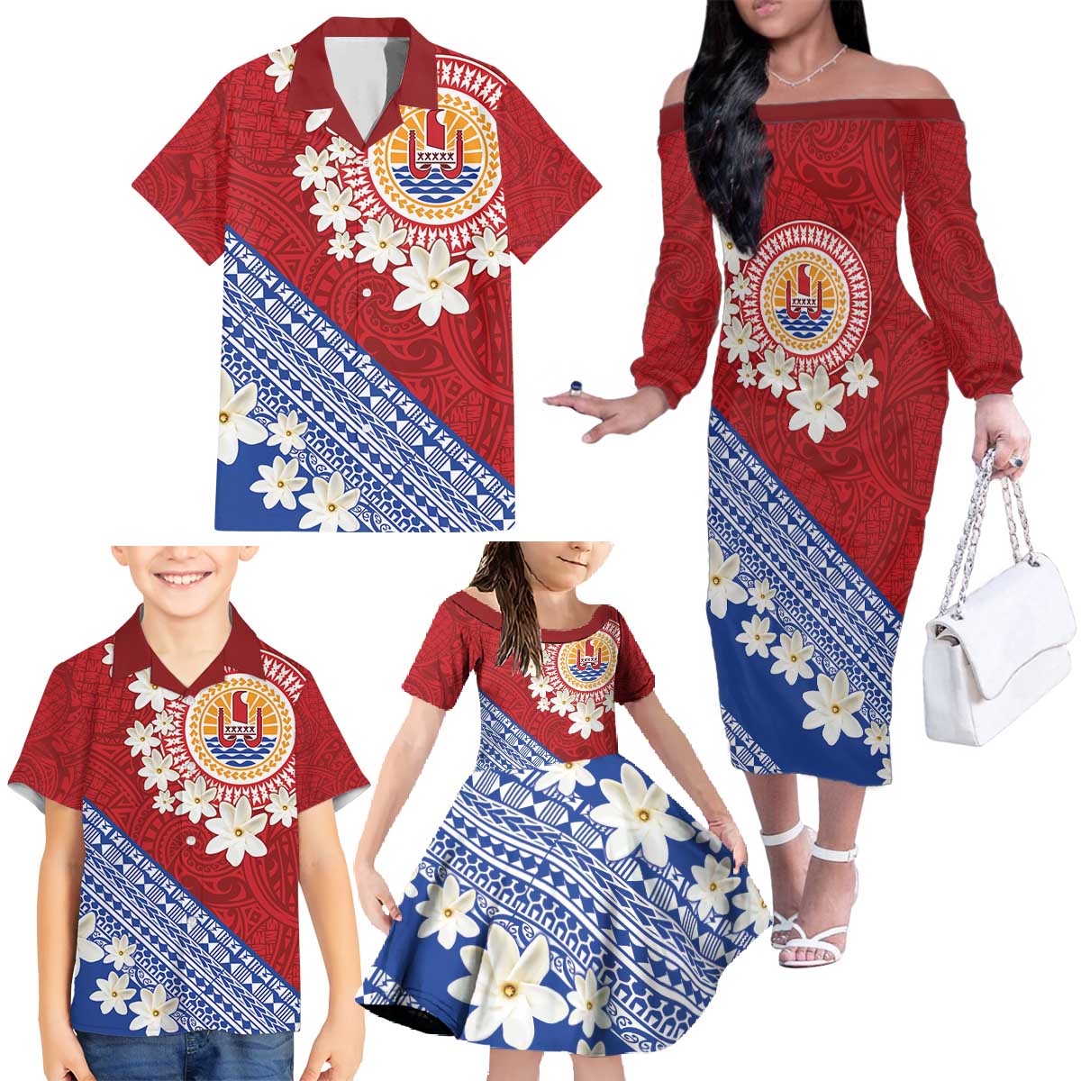 French Polynesia Family Matching Off The Shoulder Long Sleeve Dress and Hawaiian Shirt Tahitian Tiare Flowers Tribal LT9 - Polynesian Pride