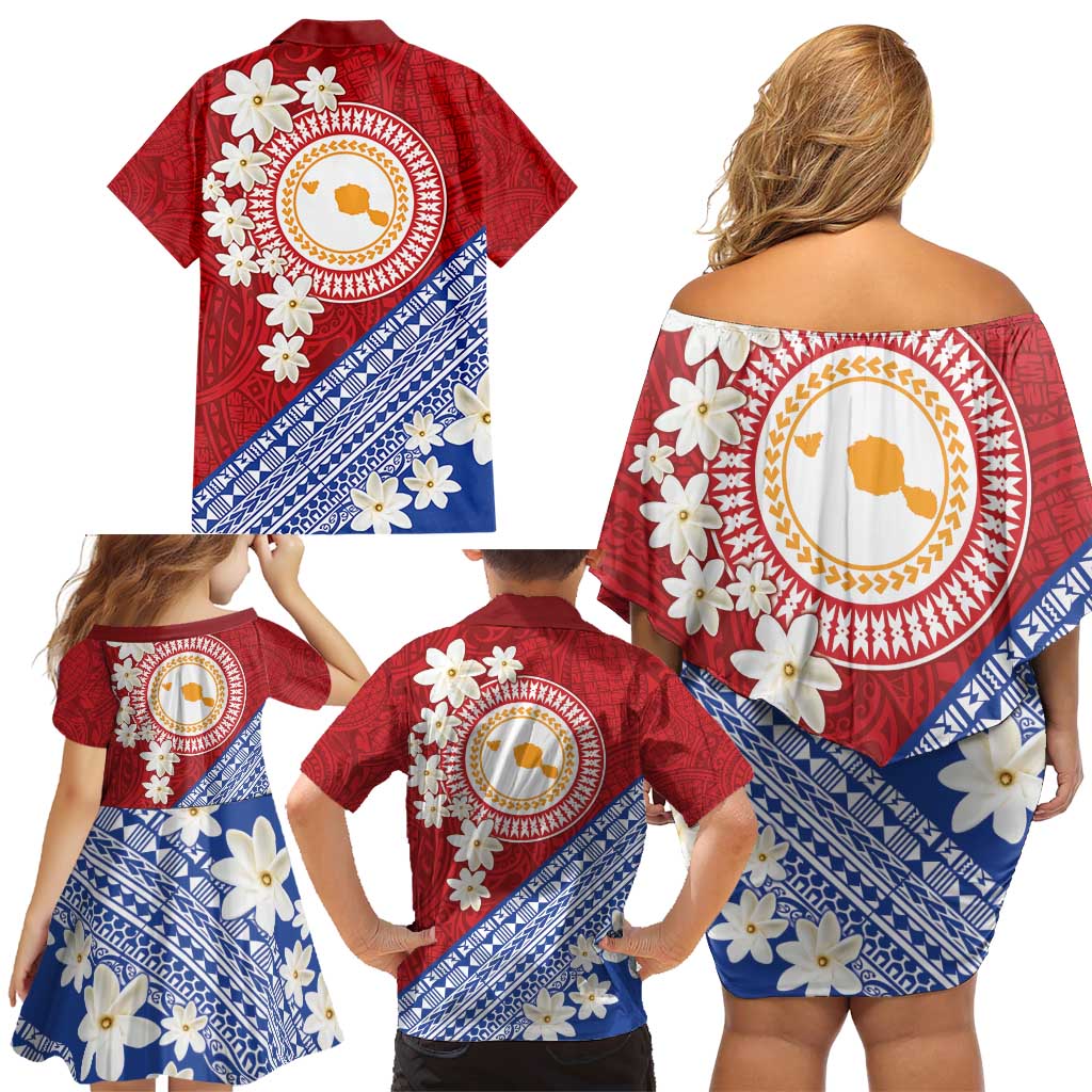 French Polynesia Family Matching Off Shoulder Short Dress and Hawaiian Shirt Tahitian Tiare Flowers Tribal LT9 - Polynesian Pride