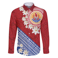 French Polynesia Family Matching Off Shoulder Short Dress and Hawaiian Shirt Tahitian Tiare Flowers Tribal LT9 Dad's Shirt - Long Sleeve Red - Polynesian Pride