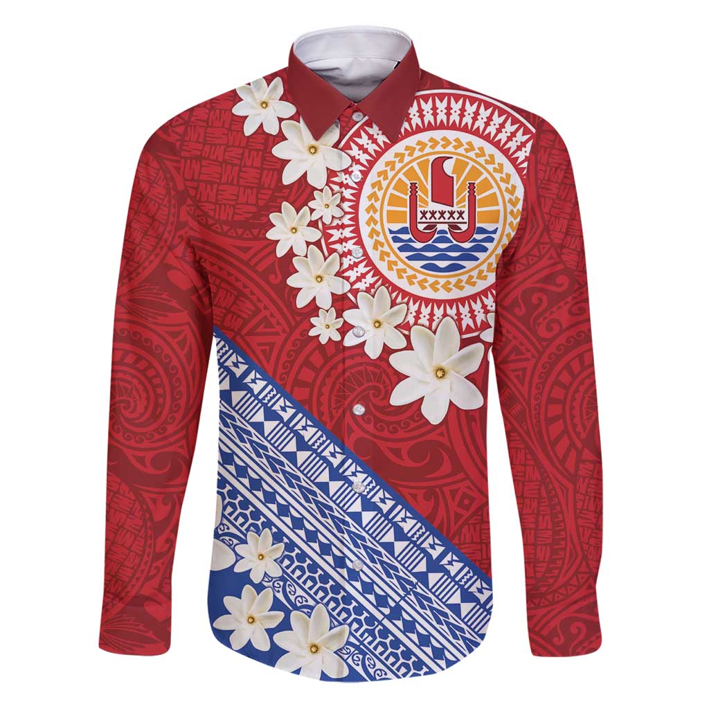 French Polynesia Family Matching Puletasi and Hawaiian Shirt Tahitian Tiare Flowers Tribal LT9 Dad's Shirt - Long Sleeve Red - Polynesian Pride