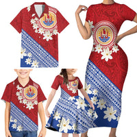 French Polynesia Family Matching Short Sleeve Bodycon Dress and Hawaiian Shirt Tahitian Tiare Flowers Tribal LT9 - Polynesian Pride