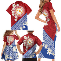 French Polynesia Family Matching Short Sleeve Bodycon Dress and Hawaiian Shirt Tahitian Tiare Flowers Tribal LT9 - Polynesian Pride