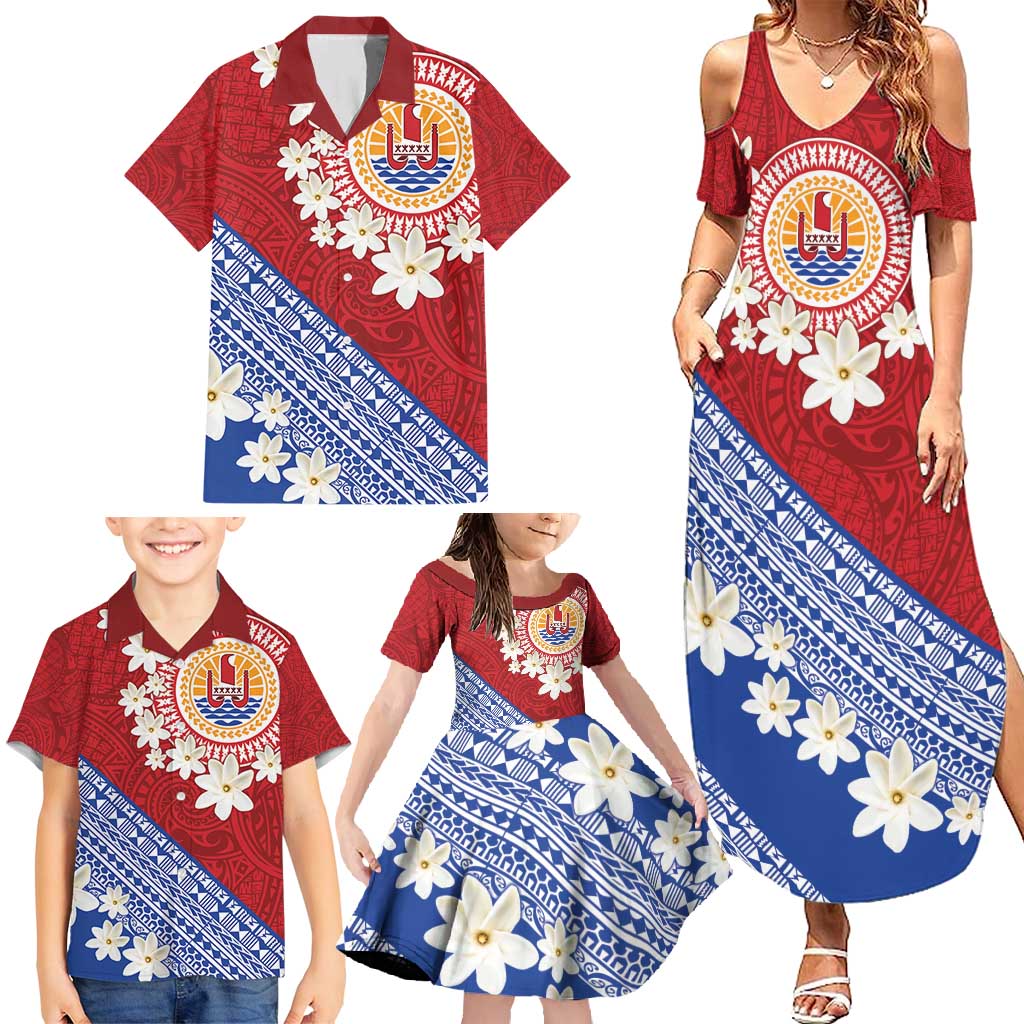 French Polynesia Family Matching Summer Maxi Dress and Hawaiian Shirt Tahitian Tiare Flowers Tribal LT9 - Polynesian Pride