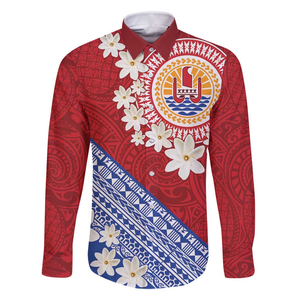 French Polynesia Family Matching Tank Maxi Dress and Hawaiian Shirt Tahitian Tiare Flowers Tribal LT9 Dad's Shirt - Long Sleeve Red - Polynesian Pride
