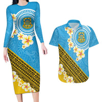 Tuvalu Plumeria Flowers Couples Matching Long Sleeve Bodycon Dress and Hawaiian Shirt Polynesian Tribal Pattern LT9 Blue - Polynesian Pride