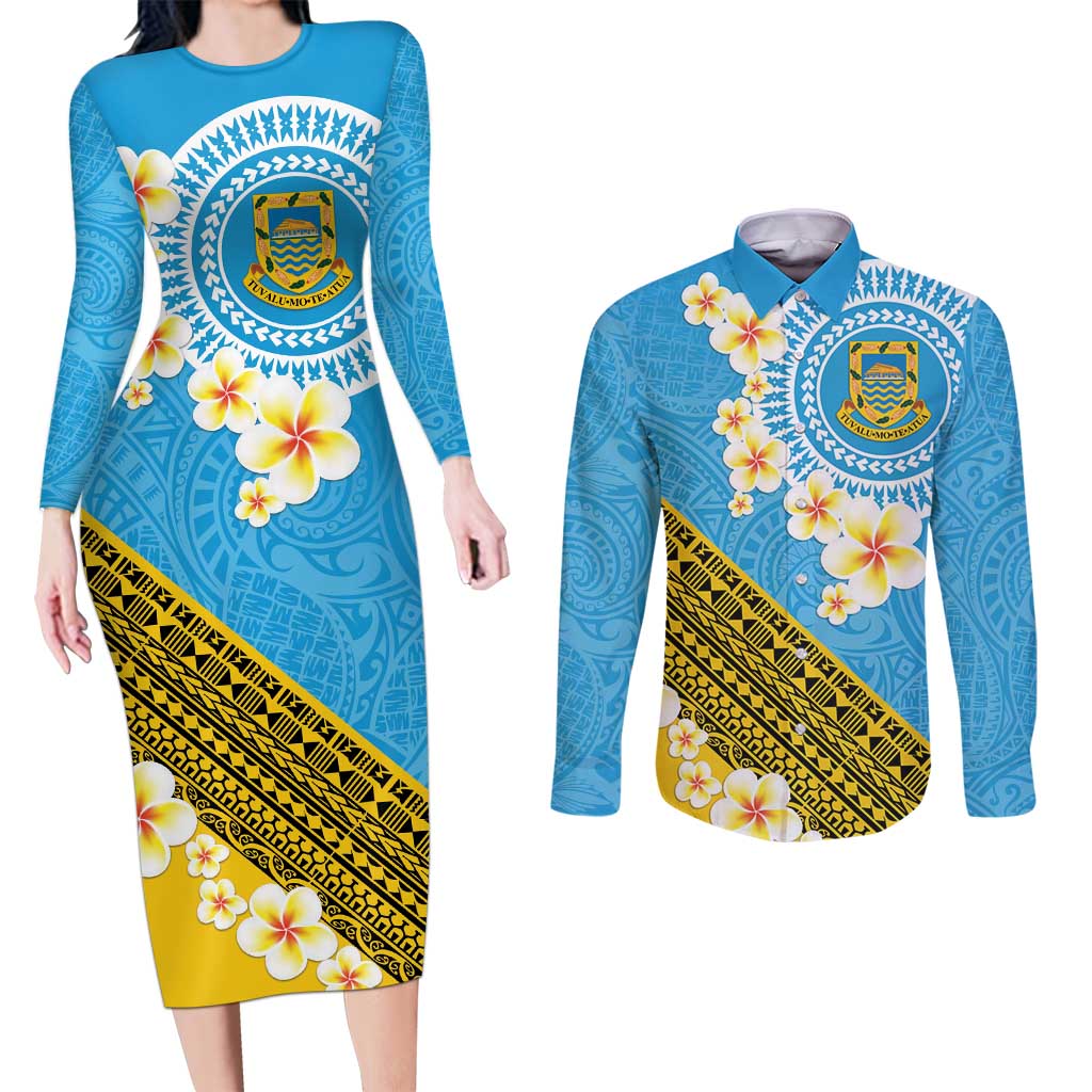 Tuvalu Plumeria Flowers Couples Matching Long Sleeve Bodycon Dress and Long Sleeve Button Shirt Polynesian Tribal Pattern LT9 Blue - Polynesian Pride