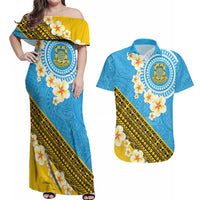 Tuvalu Plumeria Flowers Couples Matching Off Shoulder Maxi Dress and Hawaiian Shirt Polynesian Tribal Pattern LT9 Blue - Polynesian Pride