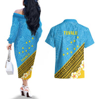 Tuvalu Plumeria Flowers Couples Matching Off The Shoulder Long Sleeve Dress and Hawaiian Shirt Polynesian Tribal Pattern LT9 - Polynesian Pride