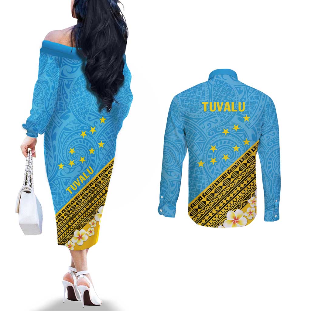 Tuvalu Plumeria Flowers Couples Matching Off The Shoulder Long Sleeve Dress and Long Sleeve Button Shirt Polynesian Tribal Pattern LT9 - Polynesian Pride
