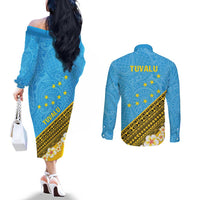 Tuvalu Plumeria Flowers Couples Matching Off The Shoulder Long Sleeve Dress and Long Sleeve Button Shirt Polynesian Tribal Pattern LT9 - Polynesian Pride