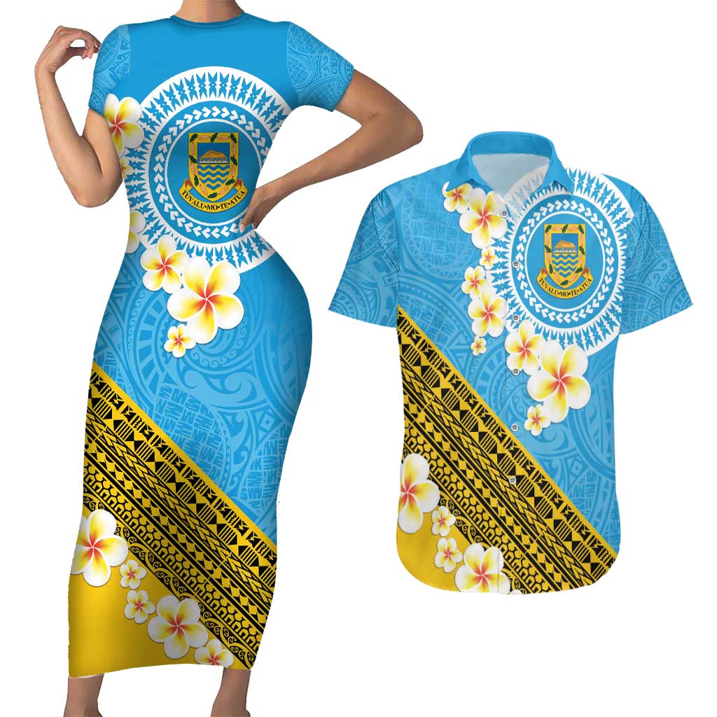 Tuvalu Plumeria Flowers Couples Matching Short Sleeve Bodycon Dress and Hawaiian Shirt Polynesian Tribal Pattern LT9 Blue - Polynesian Pride