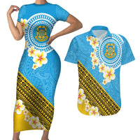 Tuvalu Plumeria Flowers Couples Matching Short Sleeve Bodycon Dress and Hawaiian Shirt Polynesian Tribal Pattern LT9 Blue - Polynesian Pride