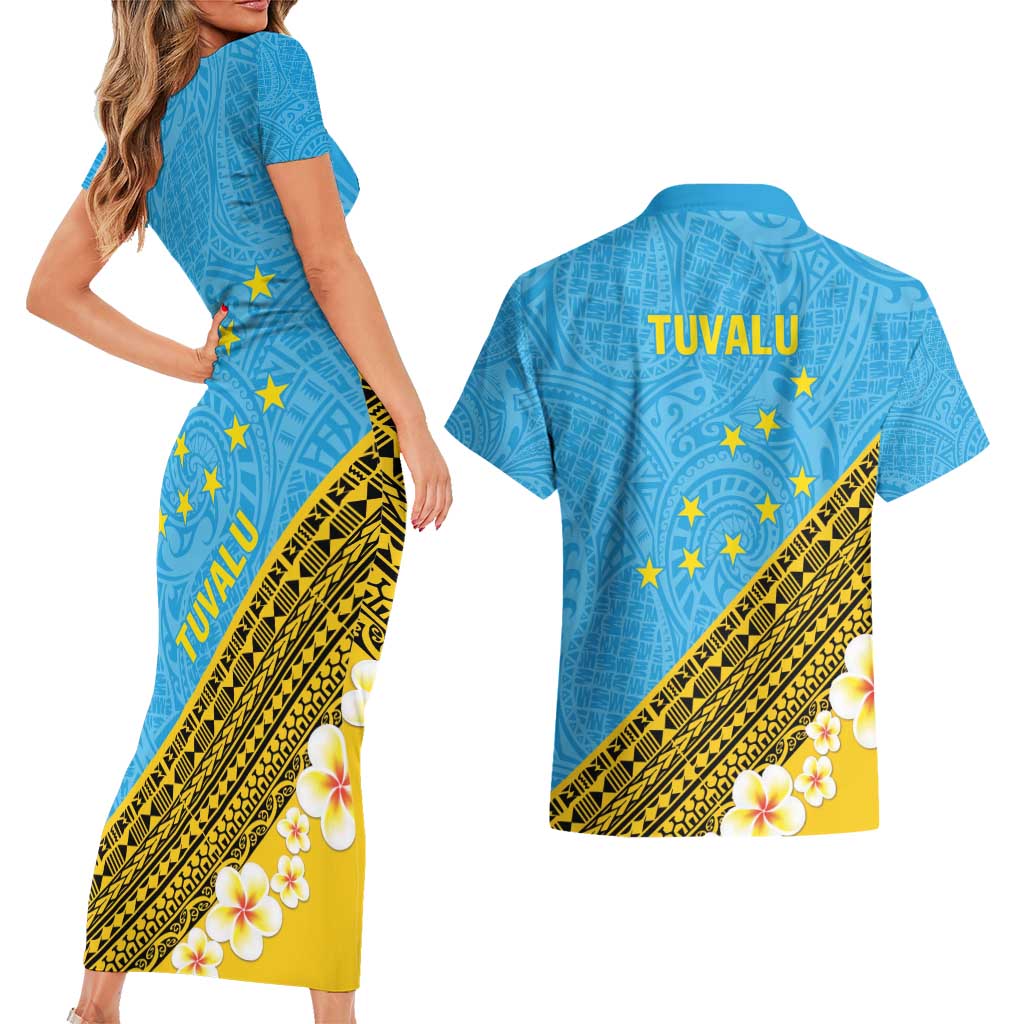 Tuvalu Plumeria Flowers Couples Matching Short Sleeve Bodycon Dress and Hawaiian Shirt Polynesian Tribal Pattern LT9 - Polynesian Pride
