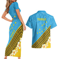 Tuvalu Plumeria Flowers Couples Matching Short Sleeve Bodycon Dress and Hawaiian Shirt Polynesian Tribal Pattern LT9 - Polynesian Pride