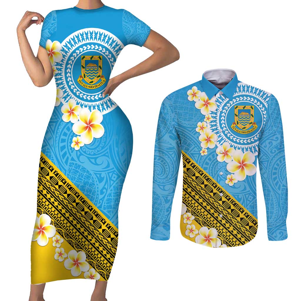 Tuvalu Plumeria Flowers Couples Matching Short Sleeve Bodycon Dress and Long Sleeve Button Shirt Polynesian Tribal Pattern LT9 Blue - Polynesian Pride