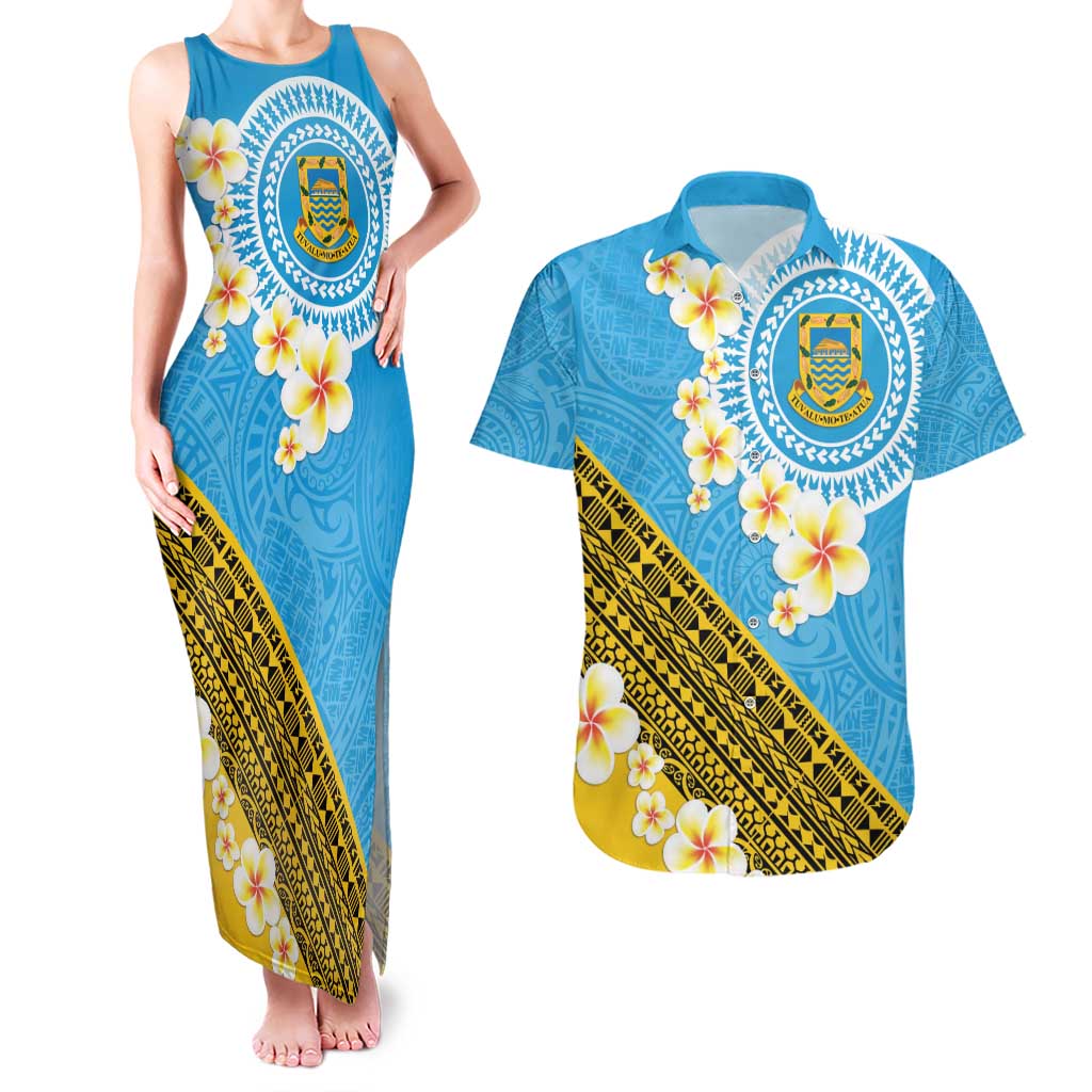 Tuvalu Plumeria Flowers Couples Matching Tank Maxi Dress and Hawaiian Shirt Polynesian Tribal Pattern LT9 Blue - Polynesian Pride