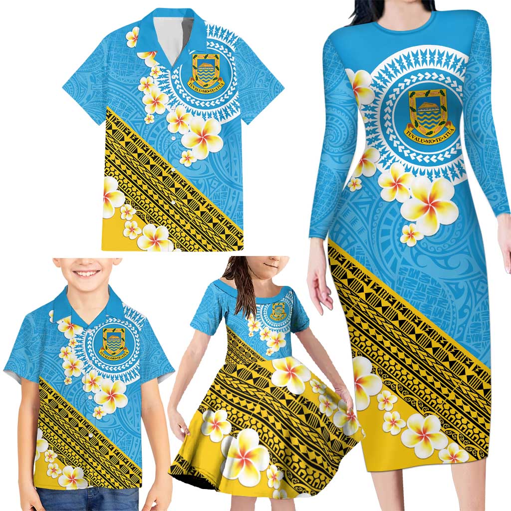 Tuvalu Plumeria Flowers Family Matching Long Sleeve Bodycon Dress and Hawaiian Shirt Polynesian Tribal Pattern LT9 - Polynesian Pride