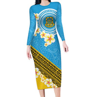 Tuvalu Plumeria Flowers Family Matching Long Sleeve Bodycon Dress and Hawaiian Shirt Polynesian Tribal Pattern LT9 Mom's Dress Blue - Polynesian Pride