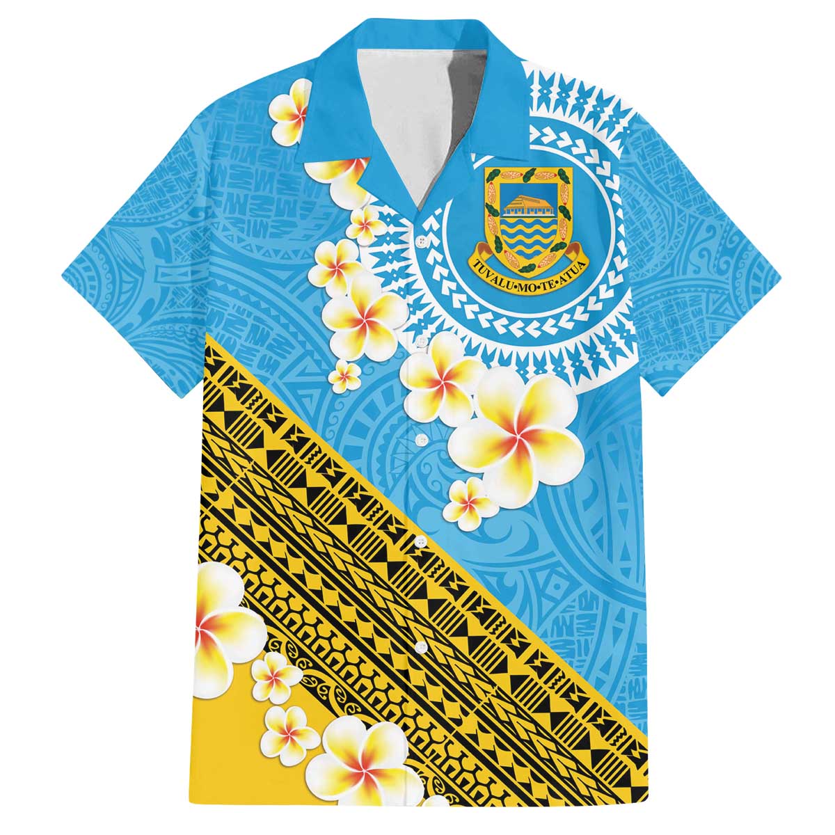 Tuvalu Plumeria Flowers Family Matching Off The Shoulder Long Sleeve Dress and Hawaiian Shirt Polynesian Tribal Pattern LT9 Dad's Shirt - Short Sleeve Blue - Polynesian Pride
