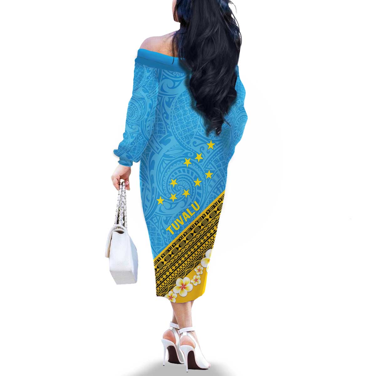 Tuvalu Plumeria Flowers Family Matching Off The Shoulder Long Sleeve Dress and Hawaiian Shirt Polynesian Tribal Pattern LT9 - Polynesian Pride