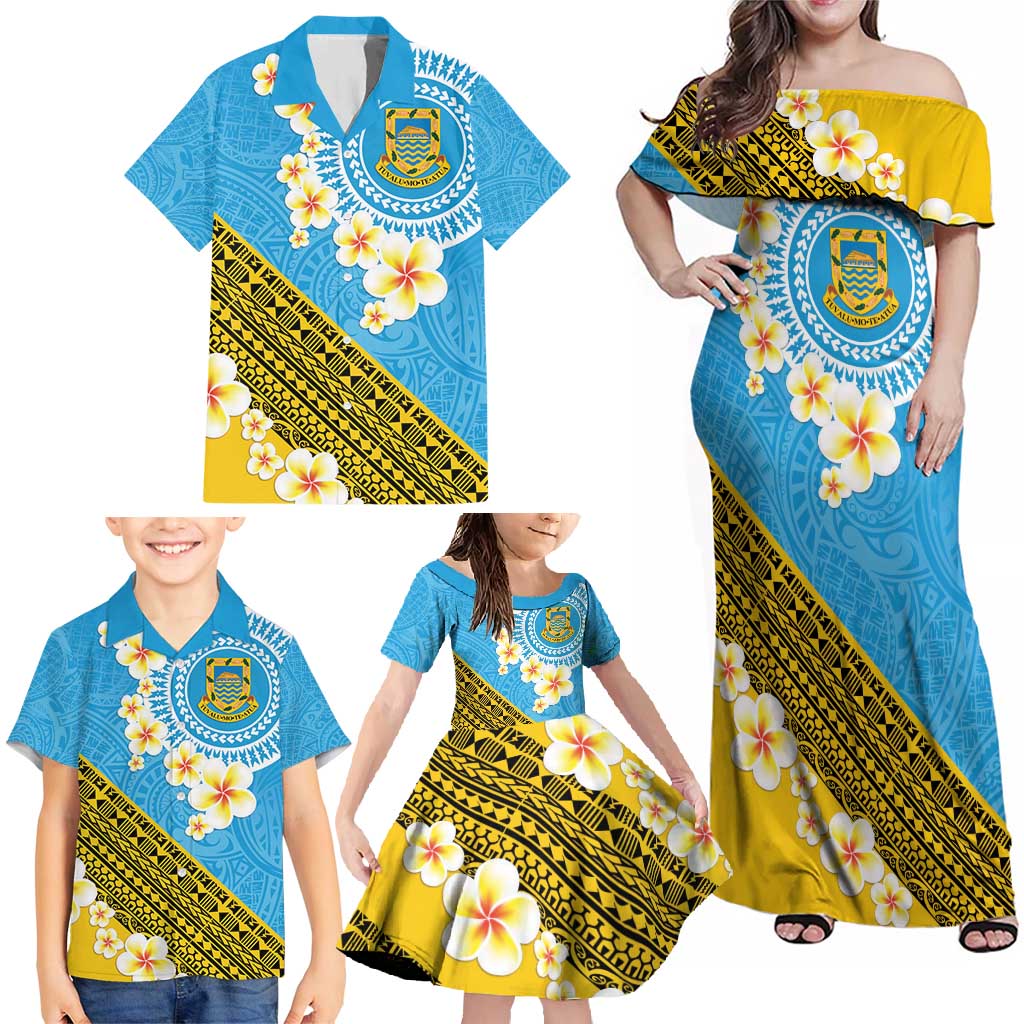 Tuvalu Plumeria Flowers Family Matching Off Shoulder Maxi Dress and Hawaiian Shirt Polynesian Tribal Pattern LT9 - Polynesian Pride