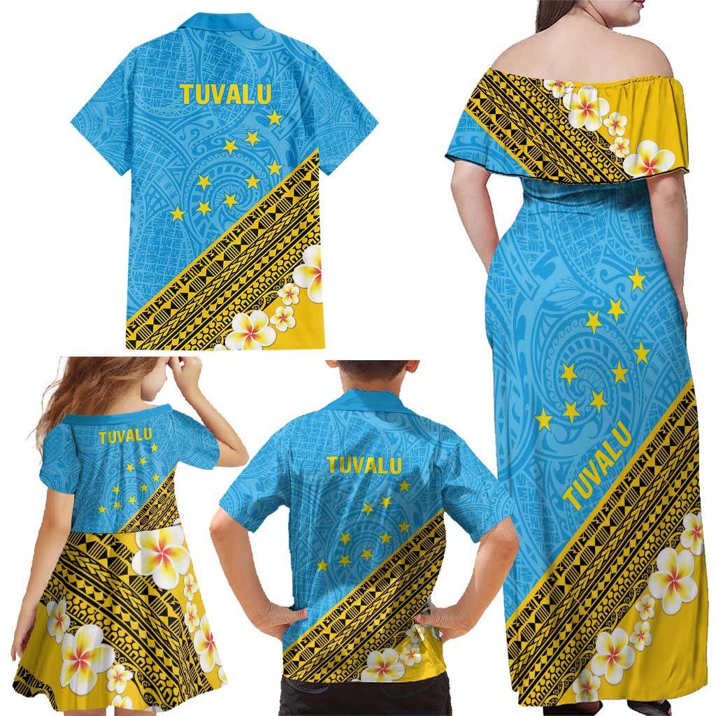 Tuvalu Plumeria Flowers Family Matching Off Shoulder Maxi Dress and Hawaiian Shirt Polynesian Tribal Pattern LT9 - Polynesian Pride