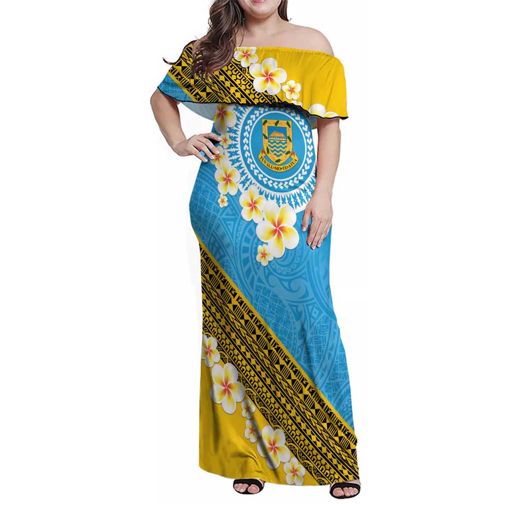 Tuvalu Plumeria Flowers Family Matching Off Shoulder Maxi Dress and Hawaiian Shirt Polynesian Tribal Pattern LT9 Mom's Dress Blue - Polynesian Pride