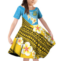 Tuvalu Plumeria Flowers Family Matching Off Shoulder Short Dress and Hawaiian Shirt Polynesian Tribal Pattern LT9 Daughter's Dress Blue - Polynesian Pride