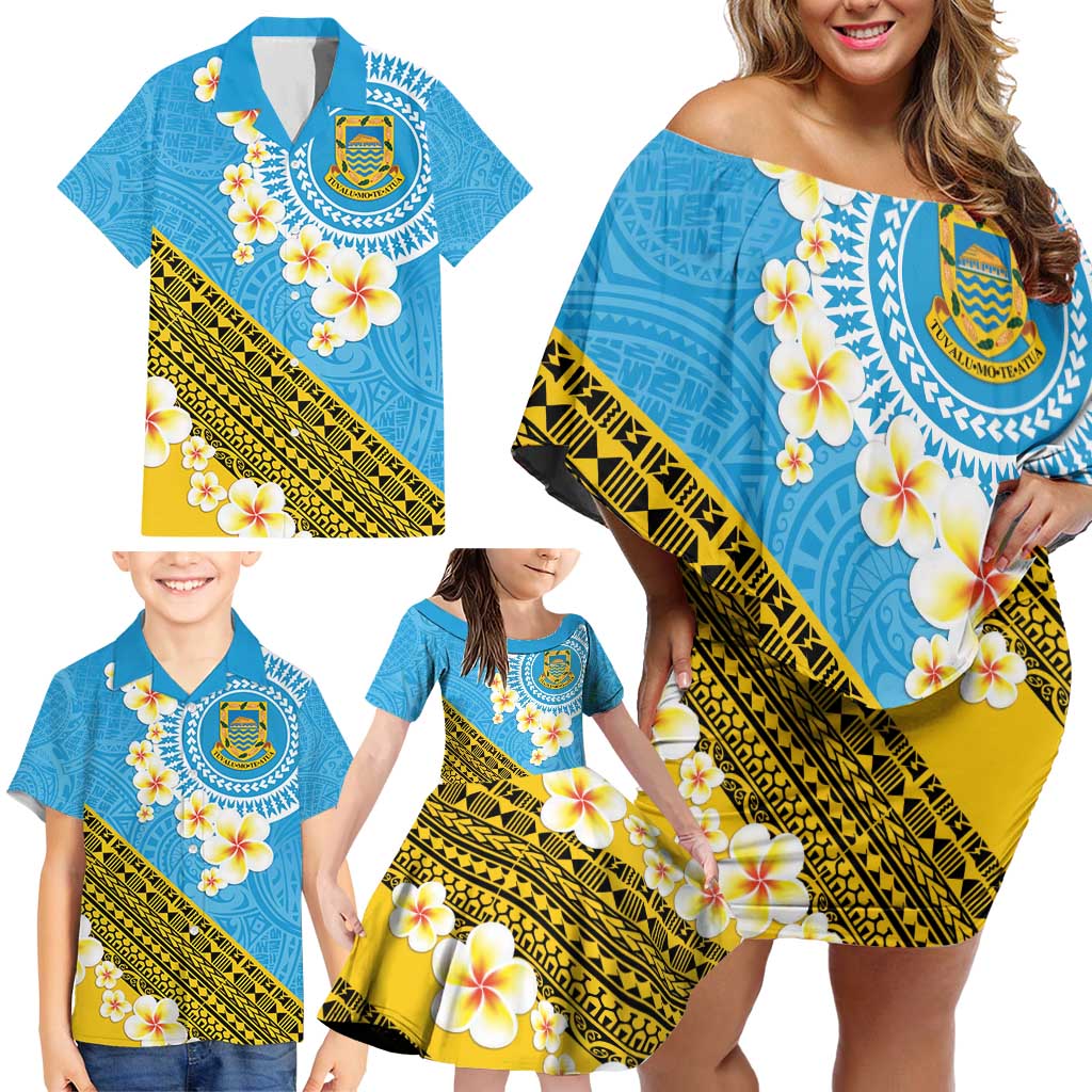 Tuvalu Plumeria Flowers Family Matching Off Shoulder Short Dress and Hawaiian Shirt Polynesian Tribal Pattern LT9 - Polynesian Pride
